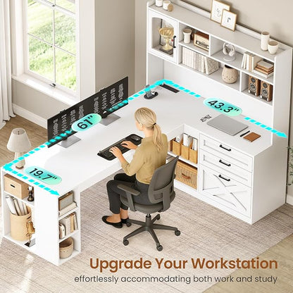SEDETA Farmhouse L Shaped Office Desk with Drawers, 61” Computer Desk with Storage Shelves and Power Outlet, Corner Gaming Desk with LED Light and Display Cabinet for Home Office (White)