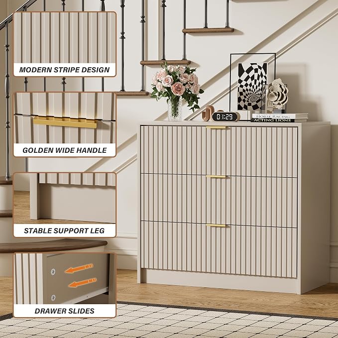 Furniway 3 Piece Bedroom Set, 9 Drawer Dresser and Nightstand Set of 2 with Gold Handles, Modern Wood Chest of Drawers Storage Cabinet for Bedroom, Beige