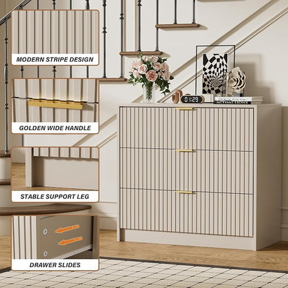 Furniway 3 Piece Bedroom Set, 9 Drawer Dresser and Nightstand Set of 2 with Gold Handles, Modern Wood Chest of Drawers Storage Cabinet for Bedroom, Beige