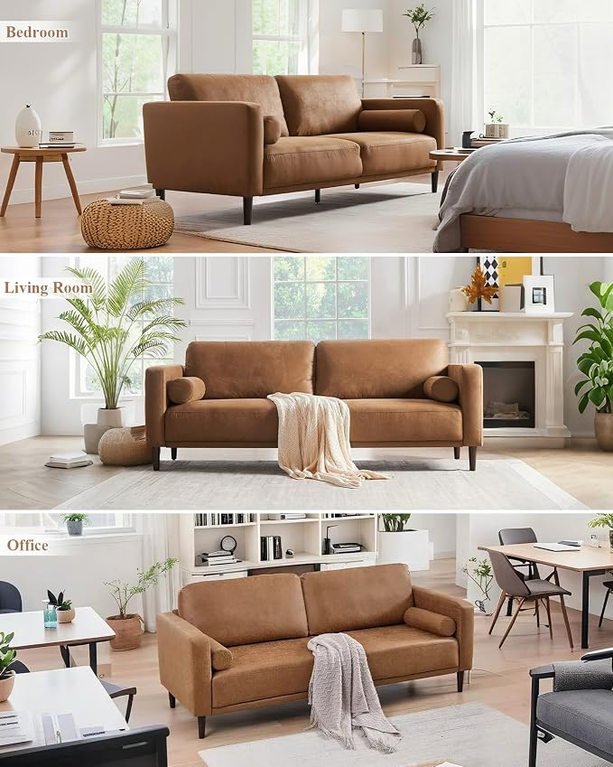 HIFIT 79" Sofa Couches for Living Room Mid-Century Modern Decor Faux Leather Couch with Deep Seat&Cloud Cushions&2 Pillow, 3 Seater Home Sofa Living Room Brown Loveseat for Office, Bedroom, Apartment