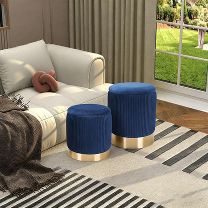 Blue Round Ottoman with Storage Set of 2 Upholstered Velvet Vanity Stool for Living Room Small Ottoman Coffee Table with Removable Lid Foot Stool for Living Room, Bedroom, Hallway, Assembly Free