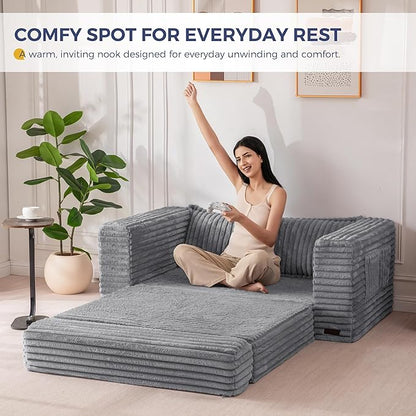 MAXYOYO Convertible Sofa Bed, 2 in 1 Folding Couch Bed for Small Space, Pull Out Loveseat Sofa Couch with Large Back Pillow, Plush Faux Fabric Lounge Couch for Living Room, Apartment, Grey