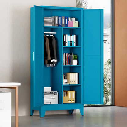 Metal Armoire Wardrobe Closet, 71" Steel Clothing Storage Cabinet with 2 Doors, Hanging Rod & Shelves, Bedroom Armoire Closet, Blue Wardrobe Cabinets for Bedroom