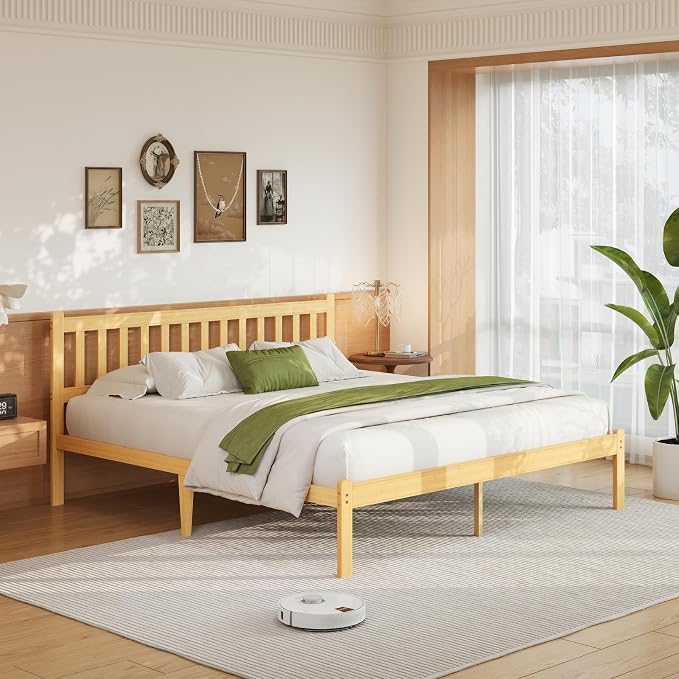 Askeld Wood King Bed Frame with Headboard, 14 Inch High Solid Bamboo Platform Bed No Box Spring Needed, Mid-Century Heavy Duty Bedframe, Easy Assembly, Noise Free
