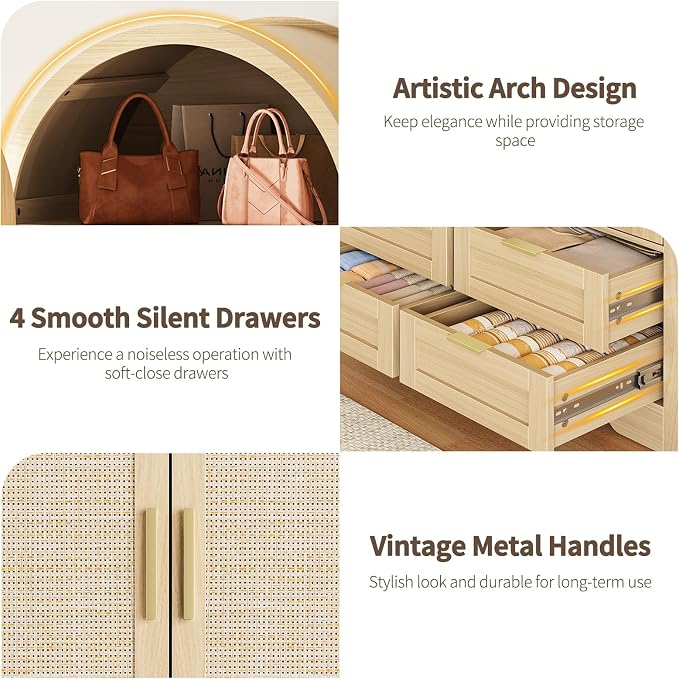 Armoire Wardrobe Closet with 4 Drawers - 2 Wood Bedroom Armoires and Wardrobes with Rattan Doors for Hanging Clothes, Clothing Cabinet Arched Closets for Cloak Room, 2 Wardrobes, Natural