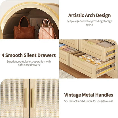 Armoire Wardrobe Closet with 4 Drawers - 2 Wood Bedroom Armoires and Wardrobes with Rattan Doors for Hanging Clothes, Clothing Cabinet Arched Closets for Cloak Room, 2 Wardrobes, Natural