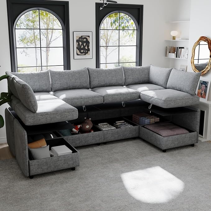 129-Inch U-Shaped 6 Seat Modular Sofa Deep Seat Storage Sectional Sofa Couch Free Combination with Movable Ottomans ,6 Seat Chenille Upholstered U-Shaped Convertible Sleeper Couch for Home Apartment | Space Saving