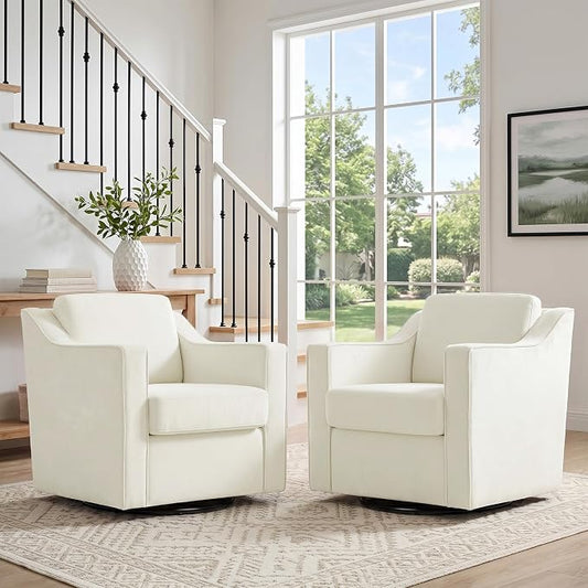 Swivel Accent Chair, Modern Round Barrel Arm Chair for Living Room, Bedroom, Comfy Club Reading Chairs for Adults (Chenille Beige, Set of 2)