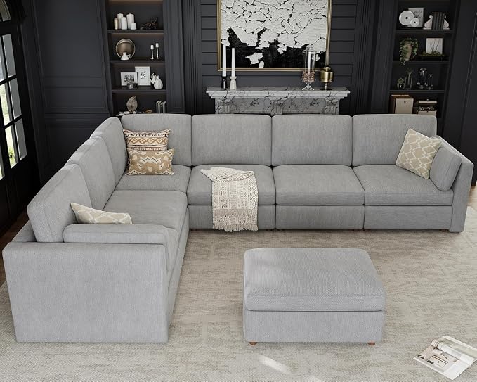 Oversized Modular Sectional Sofa V-Shaped Cloud Couches Gray | Large Deep Seat Couch for Living Room, 7-Seater Luxury Corner Sofa with Ottoman, Solid Wood Frame, Removable Washable Cover