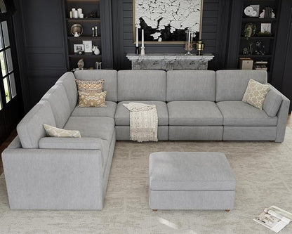 Oversized Modular Sectional Sofa V-Shaped Cloud Couches Gray | Large Deep Seat Couch for Living Room, 7-Seater Luxury Corner Sofa with Ottoman, Solid Wood Frame, Removable Washable Cover