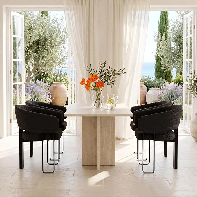 Modern Barrel Dining Chair, Black Boucle Kitchen Chair with U-Shaped Stainless Steel Legs, Armchair with Open Back for Living Room Bedroom Makeup Room