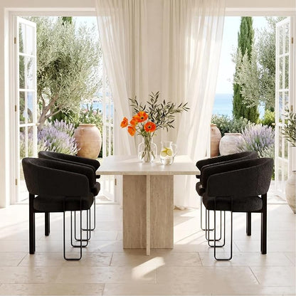 Modern Barrel Dining Chair, Black Boucle Kitchen Chair with U-Shaped Stainless Steel Legs, Armchair with Open Back for Living Room Bedroom Makeup Room