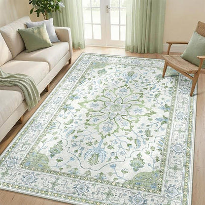 RELEANY Area Rugs 5'x7' Washable Non-Slip, Floral Vintage Distress Medallion Carpet for Living Room Bedroom Dining Room, Green White Blue