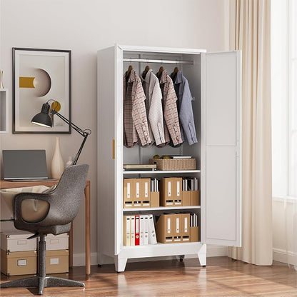 COFaR 71" Metal Wardrobe Closet with Adjustable Hanging Rod & 2 Shelves, Freestanding 2-in-1 Armoire Cabinet with Large Top/Bottom Storage, White Steel Closet Organizer