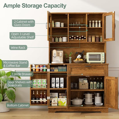 Shintenchi Kitchen Pantry Storage Cabinet, Freestanding Buffet Cabinet with Microwave Stand & 3 Door Shelves, Kitchen Hutch with Doors, Adjustable Shelves and Wine Rack, Brown