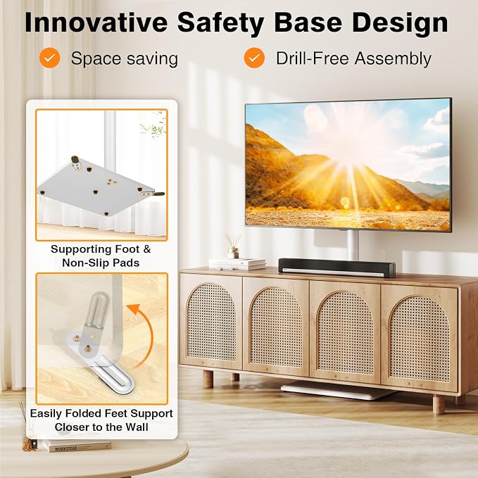 TVON Floor TV Stand with Mount for Most 32-65 Inch TVs up to 88lbs, Height Adjustable TV Floor Stand with Wood Base for Space Saving, Tall Floor TV Stand for Bedroom, Corner & Living Room, White
