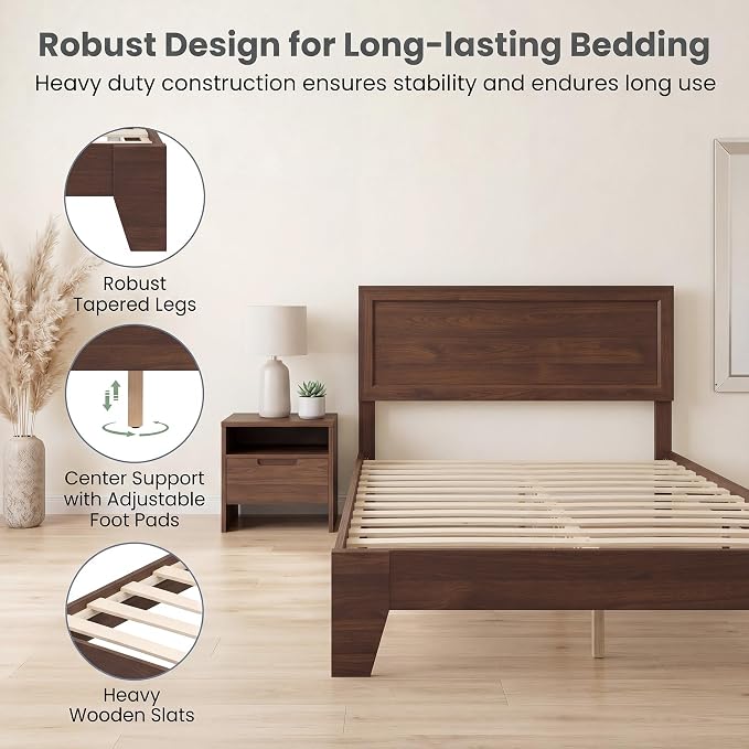 Giantex Full Size Wooden Bed Frame with Headboard, Wood Slat Support | Modern Platform Bed with Heavy Duty Mattress Foundation, Under-Bed Storage, No Box Spring Needed, Easy Assembly (Walnut)