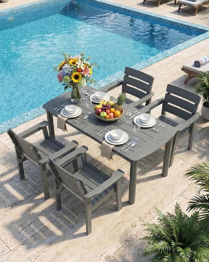 Outdoor Rectangle Dining Table with Rounded Edge, 67" All-Weather HIPS Patio Table for 6, Outdoor Furniture with Umbrella Hole, Ideal for Garden, Poolside, Backyard, Deck, Dark Gray
