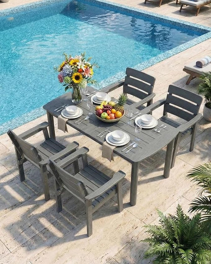 Outdoor Rectangle Dining Table with Rounded Edge, 67" All-Weather HIPS Patio Table for 6, Outdoor Furniture with Umbrella Hole, Ideal for Garden, Poolside, Backyard, Deck, Dark Gray
