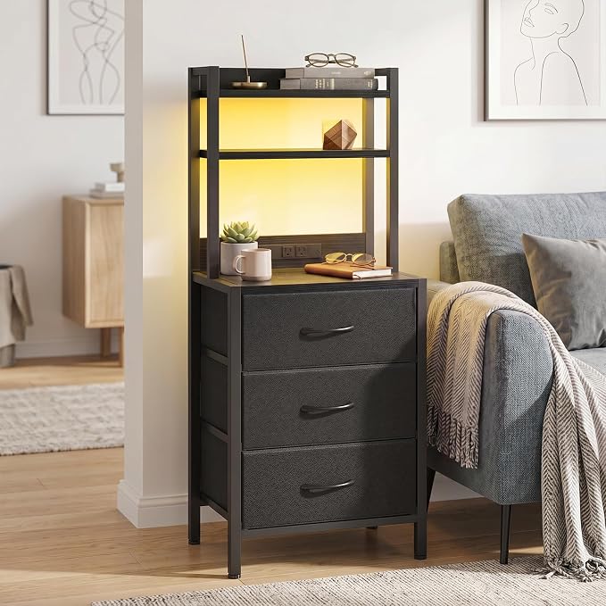 Fixwal 41 Inch Tall Nightstand with Charging Station, 3 Fabric Storage Drawers and Shelves, Led Night Stand with U-S-B Port & Socket, Bedroom Dorm Office, Bedside Table & Bookshelf in One, Black
