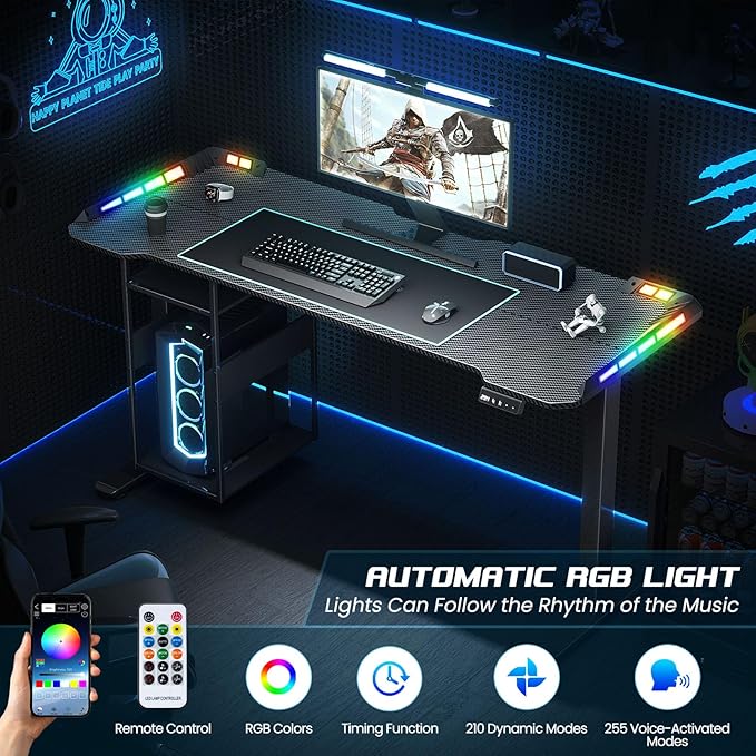 Gaming Standing Desk with LED Lights & Host Shelf, 55" x 24" Gaming Table with Music Sensing APP Control, Underdesk Cable Storage Electric Standing Desk, Black Carbon Fiber PC Table for Home Office