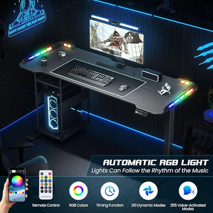 Gaming Standing Desk with LED Lights & Host Shelf, 55" x 24" Gaming Table with Music Sensing APP Control, Underdesk Cable Storage Electric Standing Desk, Black Carbon Fiber PC Table for Home Office