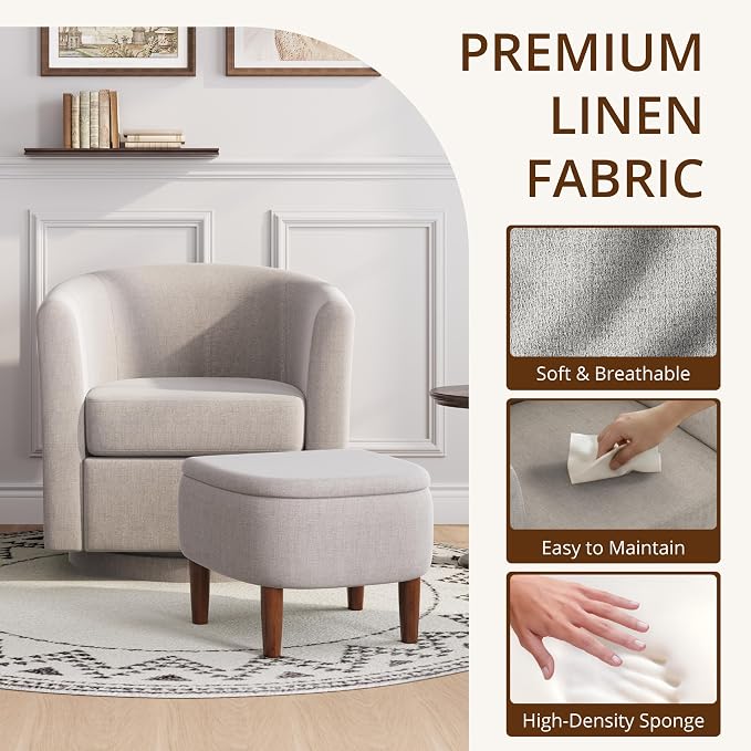 Swivel Accent Chair with Storage Ottoman Set of 2, Small Modern Velvet Barrel Chair, Upholstered Armchair with Footrest for Living Room/Reading/Bedroom, 24.8'' D x 25.38'' W x 25.6'' H, White