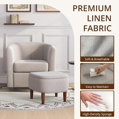 Swivel Accent Chair with Storage Ottoman Set of 2, Small Modern Velvet Barrel Chair, Upholstered Armchair with Footrest for Living Room/Reading/Bedroom, 24.8'' D x 25.38'' W x 25.6'' H, White
