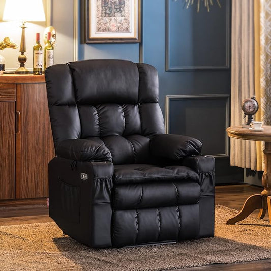 MCombo Dual Motor Power Lift Recliner Chair for Elderly, Lay Flat Lift Chair with Heat and Massage, Cup Holders, USB Ports, Faux Leather 7890 (Black, Medium)