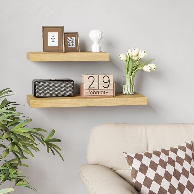Fun Memories 16 Inch Floating Shelves - Deep Rustic Wooden Wall Shelves - Extra Deeper & Thicker Wall Mounted Storage Shelf for Bedroom, Kitchen, Farmhouse - 2 Pack, Oak