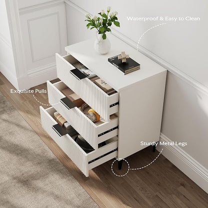 25.6" W Fluted Nightstand with 3 Drawer, Modern Wood Night Stands Bedside Table for Bedroom King/Queen Bed, End Table with Robot-Friendly Legs for Living Room,Entry (3 Drawers-1pcs-White)