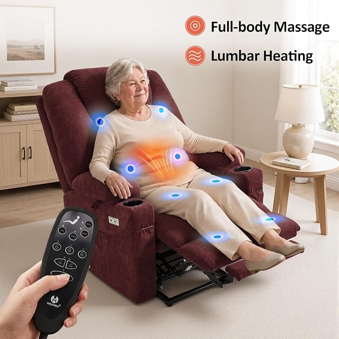 MCombo Power Lift Recliner Chair for Elderly R7042(Sangria, Small-Wide) | Heat and Massage, USB& Type C Charging Port, FSC Certified
