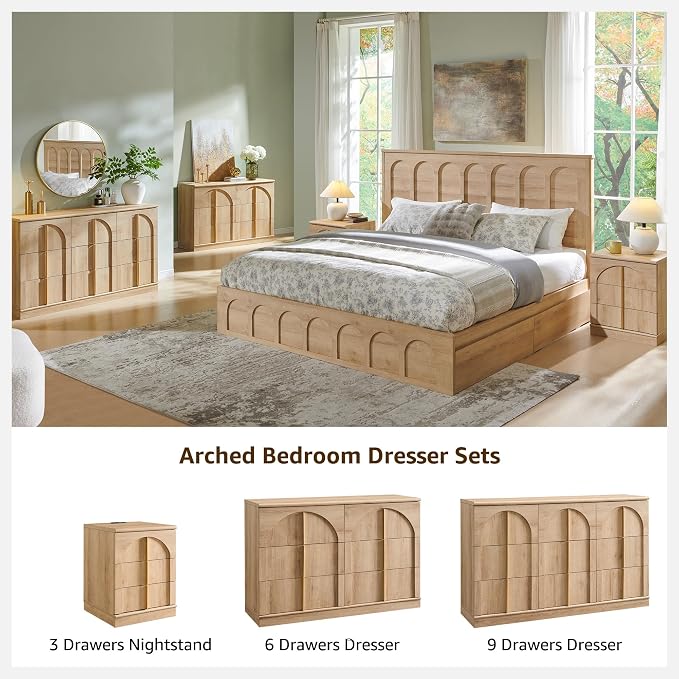 ACCOHOHO Arched Dresser for Bedroom with 6 Drawers, 47.3" Wide Modern Chest of Drawers with Rounded Edge & Metal Handles, Wood Storage Closet Dressers TV Stand for Living Room, Hallway, Oak