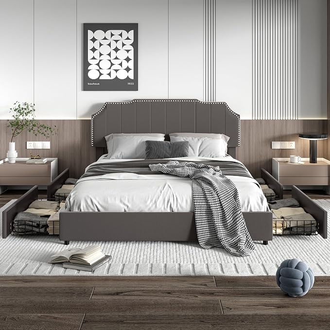 VECELO Queen Bed Frame with 4 Storage Drawers & Upholstered Platform &Tufted Adjustable Headboard/Mattress Foundation/Wood Slat Support,Easy Assembly,Dark Grey