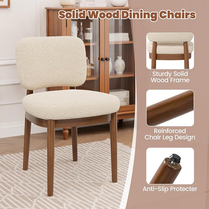 Wooden Dining Chairs Set of 6, Boucle Upholstered Kitchen Chairs with Solid Wood Legs, Mid Century Modern Dining Chairs, Farmhouse Side Chair with Hardwood Frame for Dining Room, Beige