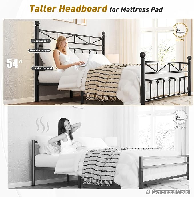 EnHomee 14.2" King Bed Frame with Tall Headboard & Footboard, Metal Bed Frame with Strong Slats Support and Noise-Free Design，Under Bed Storage，No Box Spring Needed，Black