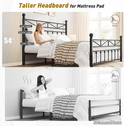EnHomee 14.2" King Bed Frame with Tall Headboard & Footboard, Metal Bed Frame with Strong Slats Support and Noise-Free Design，Under Bed Storage，No Box Spring Needed，Black