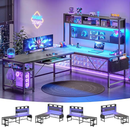 SEDETA L Shaped Desk, 94.5 Inch Home Office Desk with Power Outlet & Pegboard, L Shaped Gaming Desk with LED Light, Keyboard Tray, Storage Shelves and Headphone Hook for Home Office, Grey