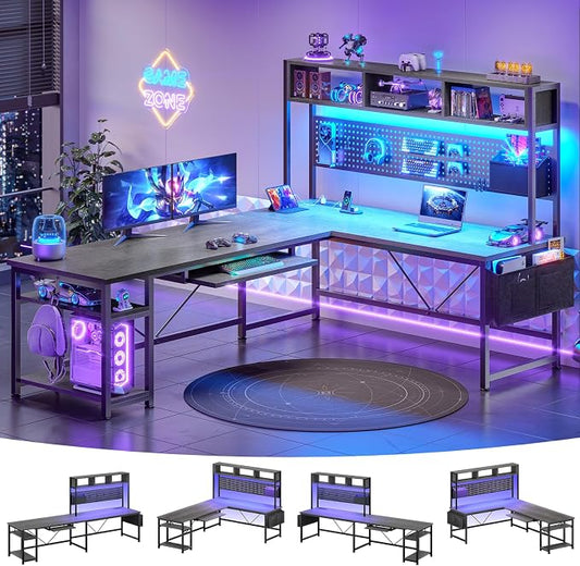 SEDETA L Shaped Desk, 94.5 Inch Home Office Desk with Power Outlet & Pegboard, L Shaped Gaming Desk with LED Light, Keyboard Tray, Storage Shelves and Headphone Hook for Home Office, Grey