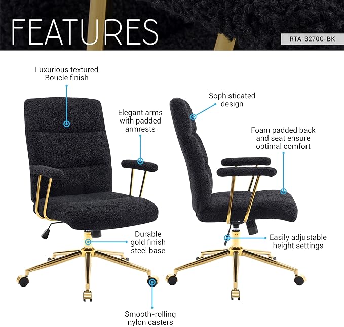 Techni Mobili Boucle Office Chair, Adjustable Desk Chair, Black & Gold | Black boucle office chair, gold base, padded seat, height adjustable, modern desk chair, textured fabric, swivel, ergonomic