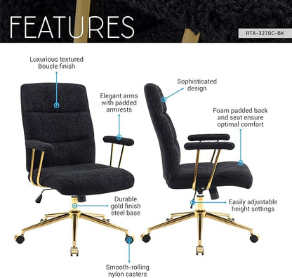 Techni Mobili Boucle Office Chair, Adjustable Desk Chair, Black & Gold | Black boucle office chair, gold base, padded seat, height adjustable, modern desk chair, textured fabric, swivel, ergonomic