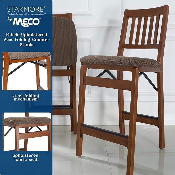 MECO Stakmore Premium Solid Wood Dining Table Folding Counter Stools Set with Fabric Padded Upholstered Seat, Espresso (2 Pack)