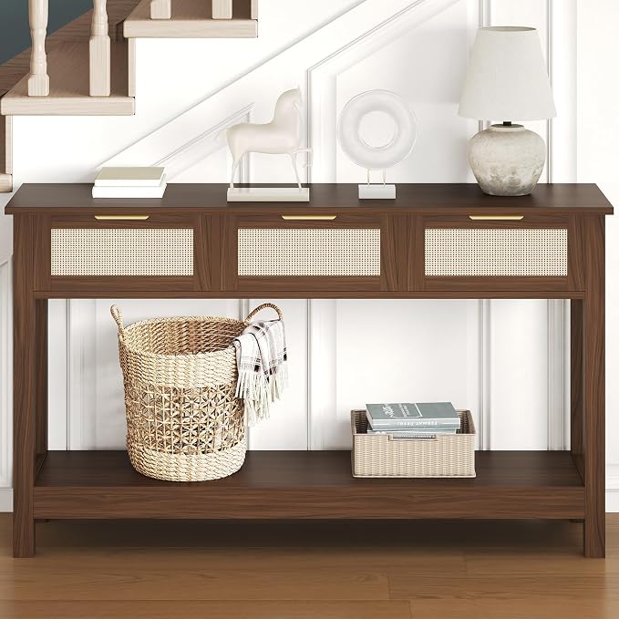 Luoxiao Console Table for Entryway with 3 Rattan Drawers Storage Open Shelf | Narrow Entry Table for Hallway, Foyer, Couch, Front Entrance, Anti-Tip, Easy to Assemble, 47 Inch, Walnut, Mid-Century Modern