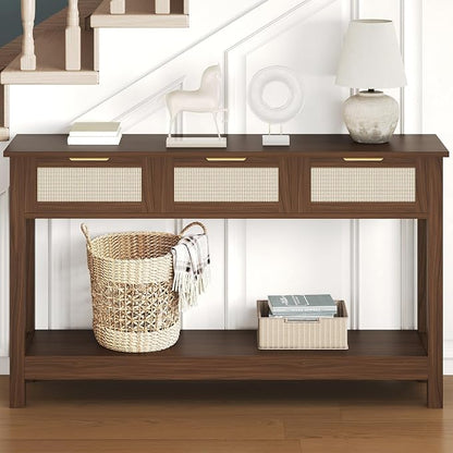 Luoxiao Console Table for Entryway with 3 Rattan Drawers Storage Open Shelf | Narrow Entry Table for Hallway, Foyer, Couch, Front Entrance, Anti-Tip, Easy to Assemble, 47 Inch, Walnut, Mid-Century Modern