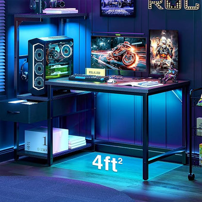 Grandder Gaming Desk 47 Inch with CPU Stand and LED Light, Computer Desk with Reversible Shelves and Storage Drawer, Pc Small Desk for Home Office Table with Bag, Carbon Fiber Black