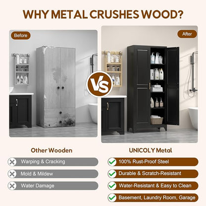 UNICOLY 75" Kitchen Pantry Cabinet, Tall Storage Cabinet with Doors and 4 Shelves, Metal Storage Cabinets for Kitchens, Living Room, Dinning Room, Assembly Required, Black