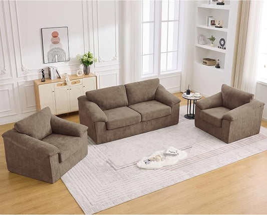Boneless Couch Sets, Modern Loveseat Sofa with 2 Accent Sofa Chairs, Floor Cloud Couch Sets with Extra Comfy Soft Deep Seats for Living Room, Apartment, No Assemby, Set of 3, Brown