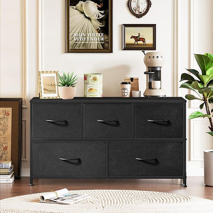 5-Drawer Dresser for Bedroom, Anti-Tip Wide Storage Organizer Fabric Chest of Drawers TV Stand for 45" TV with Wooden Top and Metal Frame for Closet, Living Room, Hallway, Entryway, Black