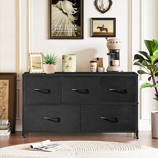 5-Drawer Dresser for Bedroom, Anti-Tip Wide Storage Organizer Fabric Chest of Drawers TV Stand for 45" TV with Wooden Top and Metal Frame for Closet, Living Room, Hallway, Entryway, Black