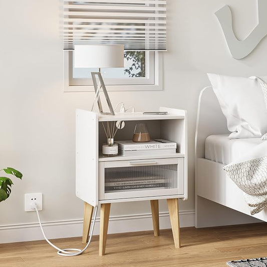 MMEOLUOOK Nightstand with Charging Station, Bedside Tables, End Table Side Table with 2 Tiers Storage Space, for Bedroom, Living Room, White MLBZ07WE-2